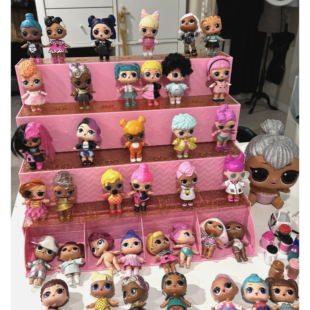 LOL Surprise Doll Lot 50+ Figures Pets Accessories Pink Glitter Display Stand